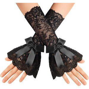 Women's Fingerless Black Bow Lace Gloves Elbow Sleeve Costume Party Prom